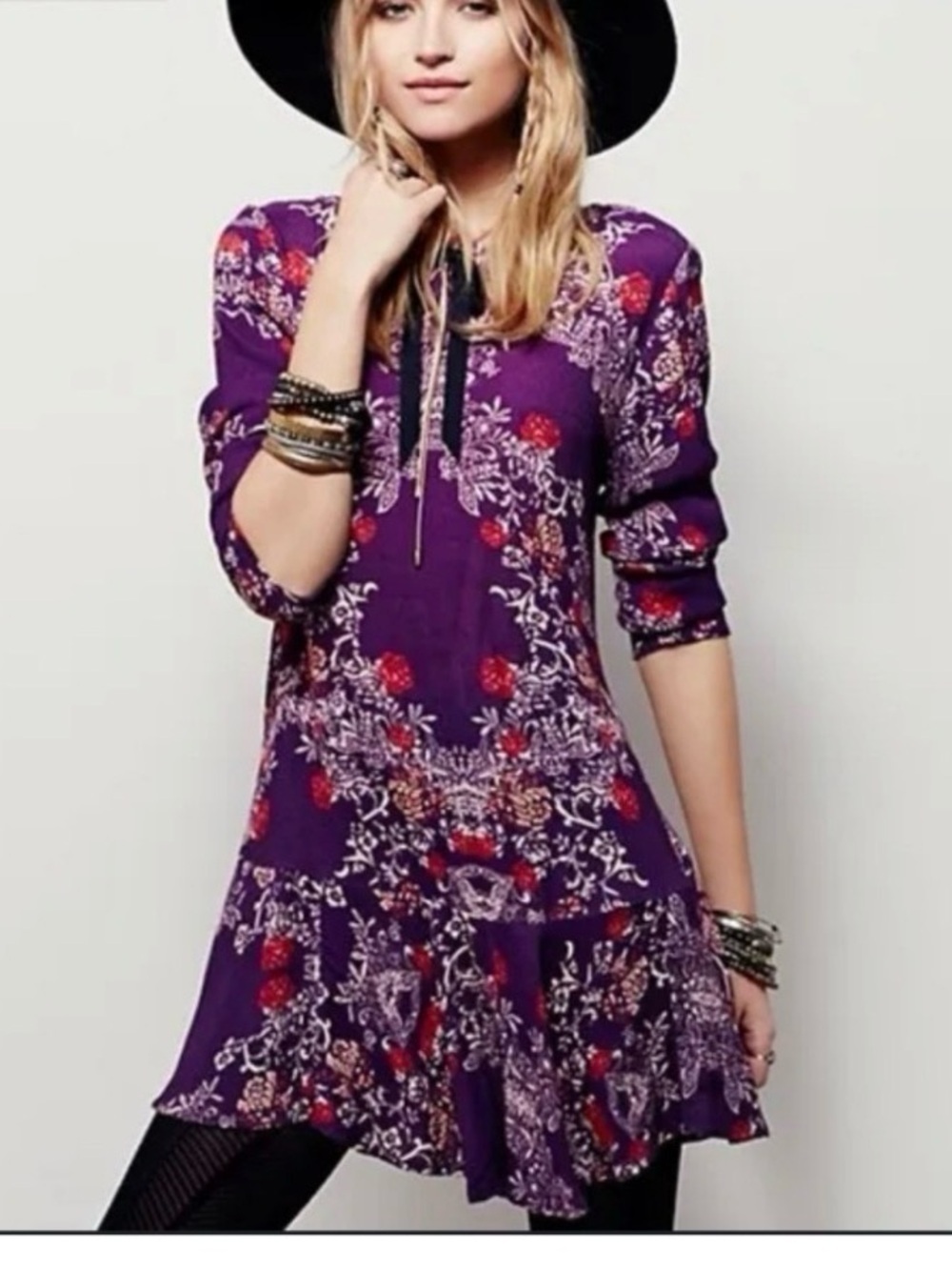 Free People Purple Floral Blouse with Red-Orange Flowers Smooth Talker peplum MD - Picture 2 of 10